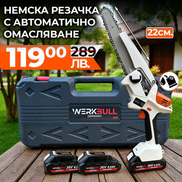 Акумулаторна Безчеткова резачка с омасляване WerkBull с две батерии + подарък верига