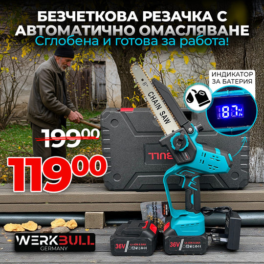Немска акумулаторна Безчеткова резачка 25см. с Автоматично Омасляване и дисплей за нивото на батерията + две закалени вериги