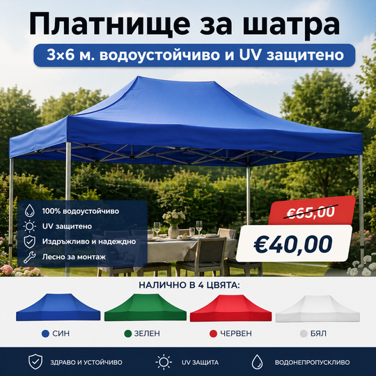Платнище за шатра 3×6 м – водоустойчиво и UV защитено покривало в 4 цвята