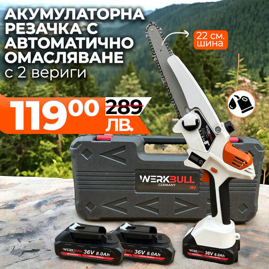 Акумулаторна Безчеткова резачка с омасляване WerkBull с две батерии + подарък верига