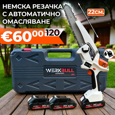 Акумулаторна Безчеткова резачка с омасляване WerkBull с две батерии + подарък верига