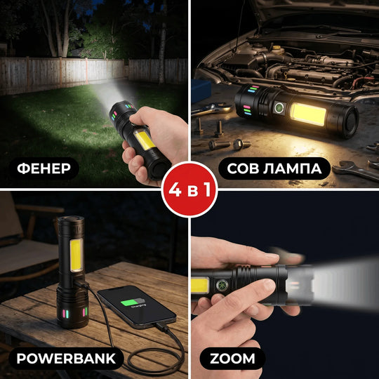 Акумулаторен Фенер 4 в 1 — 1500 Лумена | COB Лампа | Powerbank | Zoom | 18650 USB-C
